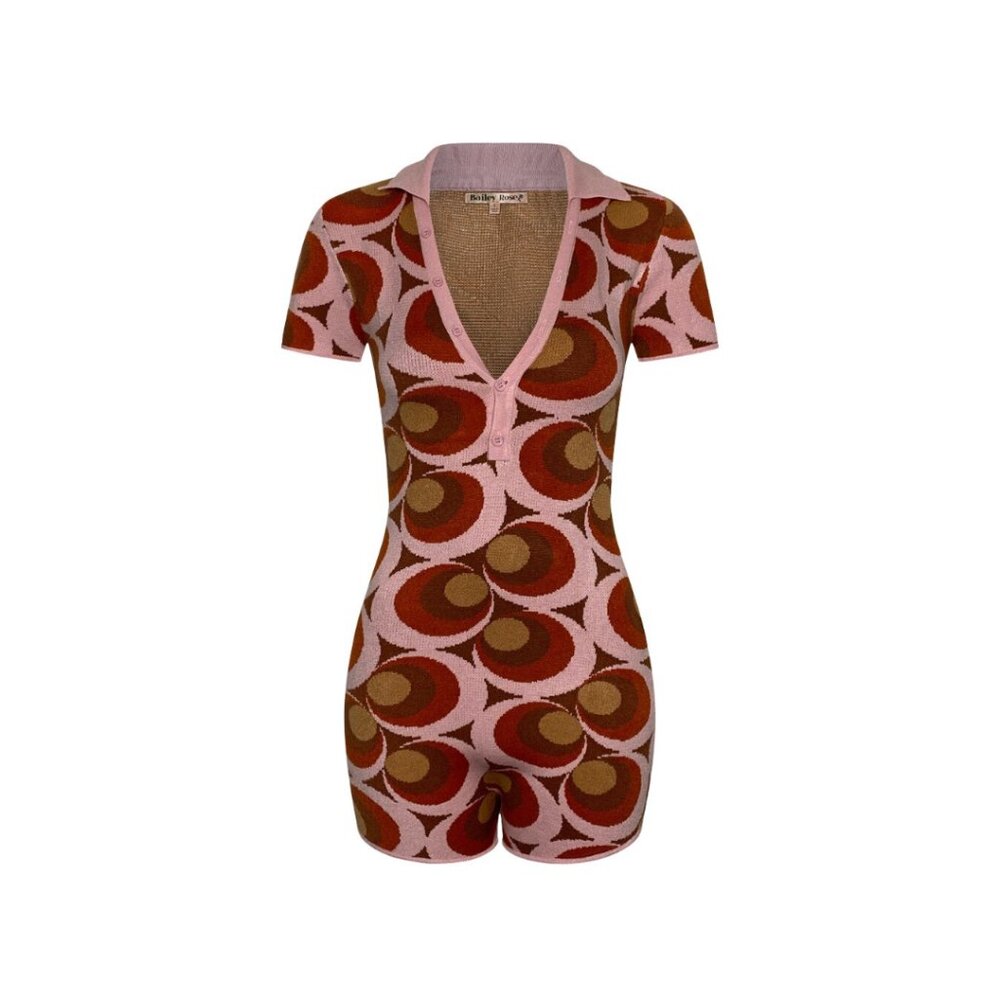 NWT Bailey Rose Retro Jacquard Knit Sweater Romper – Pink Brown Tan